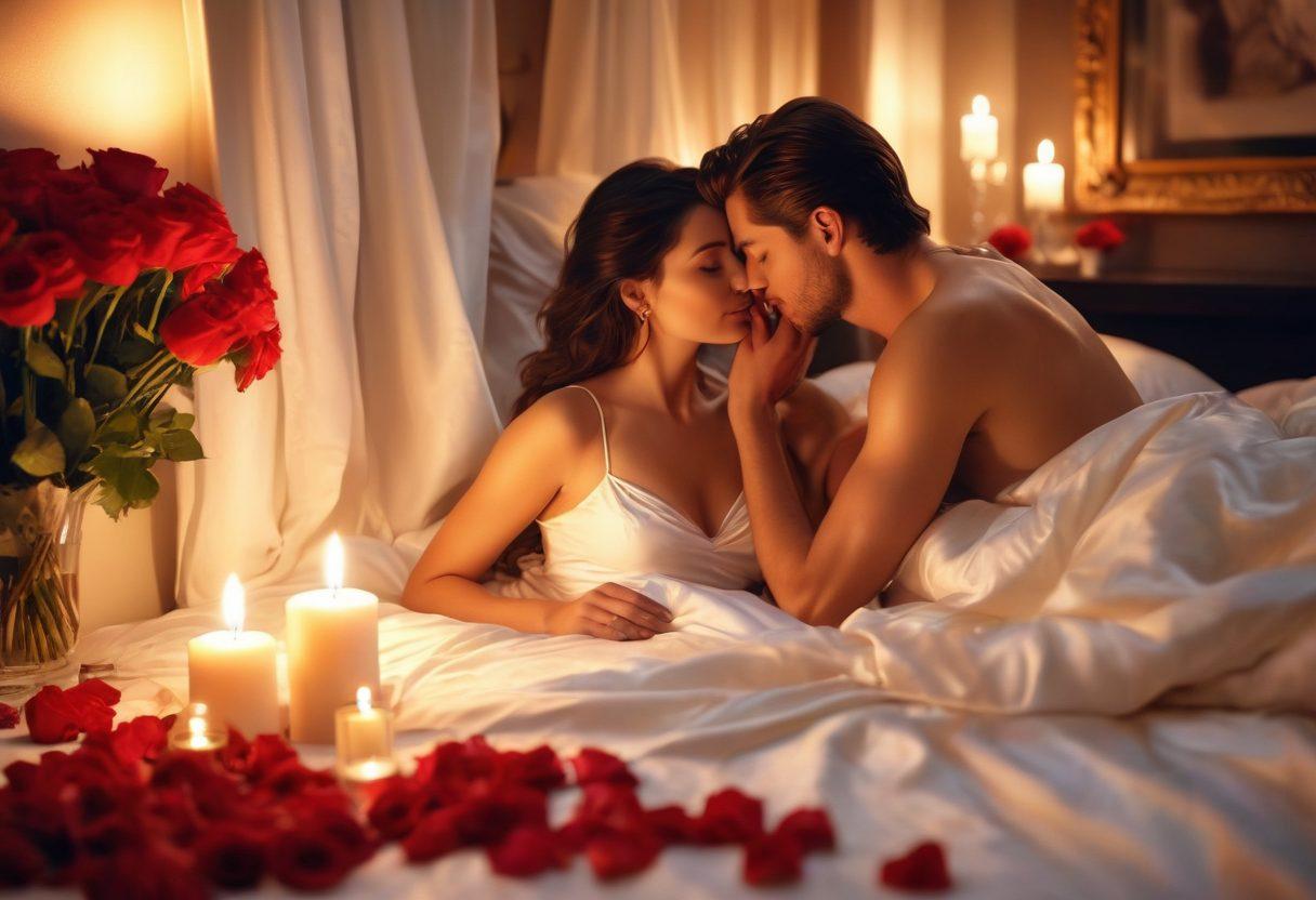 A romantic and intimate scene depicting a couple in a soft-lit, luxurious bedroom, surrounded by red roses and flickering candles. They are sharing a gentle kiss, with a sense of deep connection and desire in their expressions. The background hints at artistic elements of passion, such as flowing satin sheets and a glass of wine, creating an atmosphere of sensuality. The image should evoke warmth and allure, drawing the viewer into a world of romance. super-realistic. warm colors. soft focus.