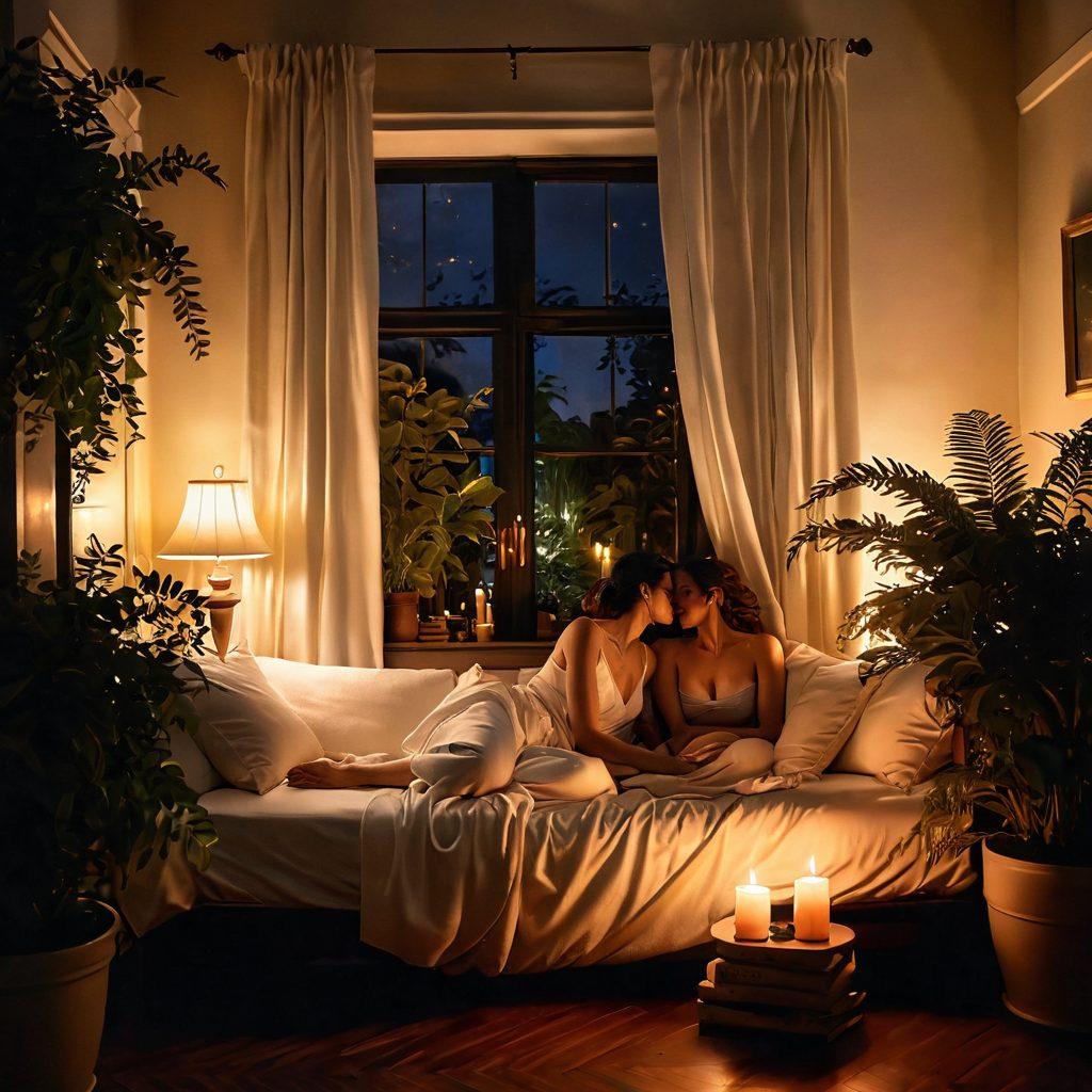 A serene and sensual setting featuring a dimly lit room with plush cushions and elegant drapery, a subtle silhouette of two figures embracing in the background, soft candlelight casting warm glows, surrounded by lush plants and artfully arranged erotic books. The scene evokes a feeling of intimacy and exploration. super-realistic. warm tones. cozy atmosphere.